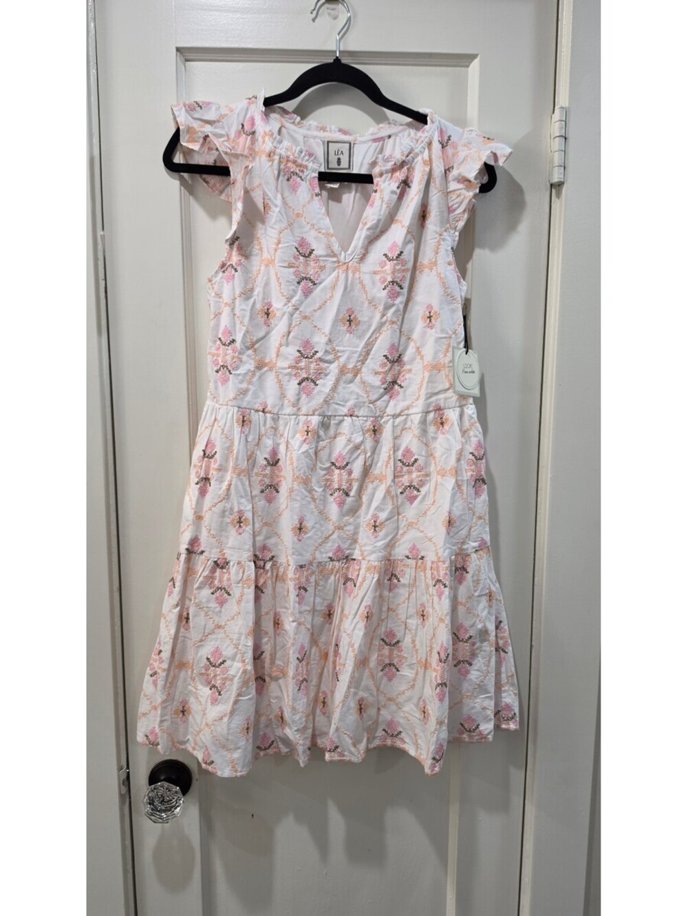 LÉA Women's Size S White Cotton Embroidered Summer Dress with Pockets